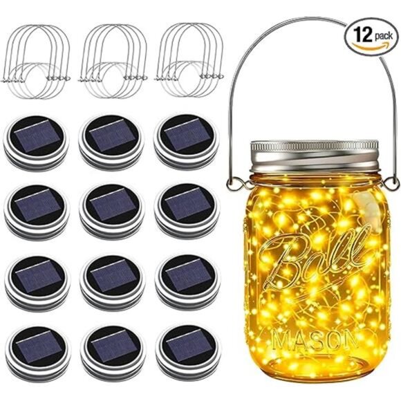 Mason Jar Solar Lights for Outside,12 Pack 30 LED Fairy Firefly Lights Mason Jar - Picture 7 of 7